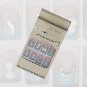 Luxe Finish Artificial Nail Tips – 12 Pcs Romantic Cool Nail Art Set with Glue Stickers